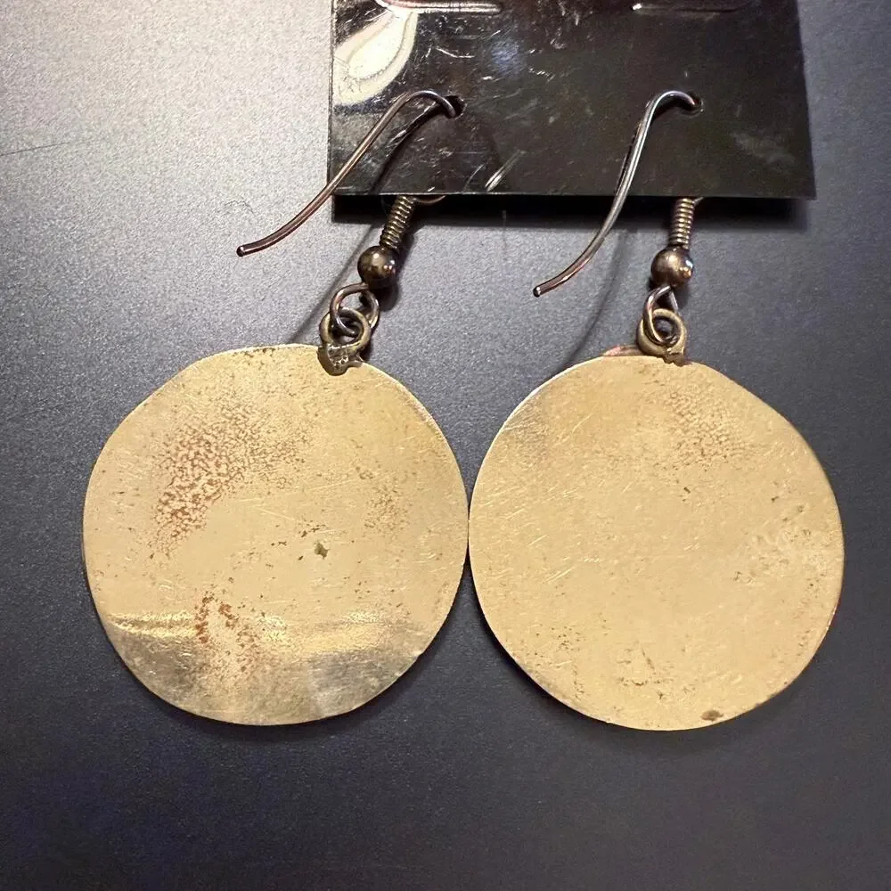 Vintage Mixed Metal Abalone Shell Flat Disc Earrings